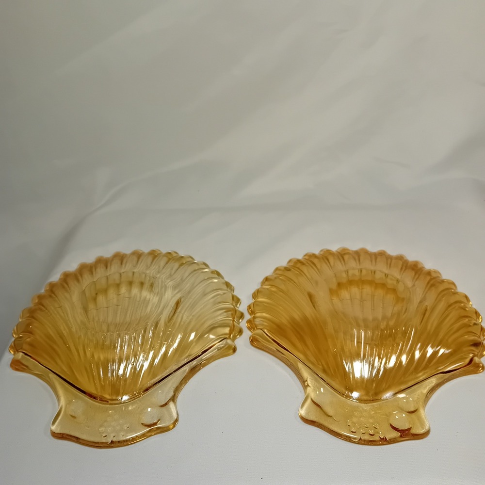 Set 2 Jeanette Marigold Carnival Glass Clam Seashell Trinket Dish Candy Tray - Picture 8 of 10